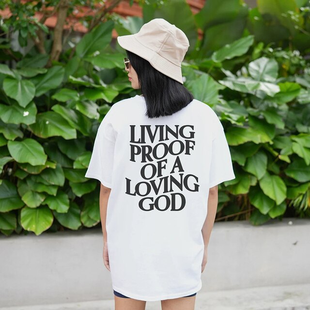 Men/Women Summer Living Proof of a Loving God Print Y2k T-shirt Unisex Christian Cross Jesus Short Sleeved Tees Loose Cotton Top